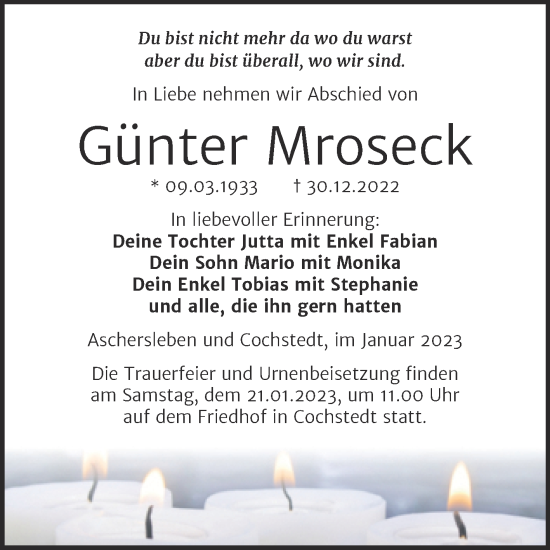 Traueranzeige von Günter Mroseck von Wochenspiegel Aschersleben