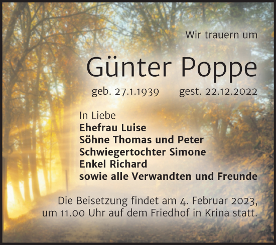 Traueranzeige von Günter Poppe von Trauerkombi Bitterfeld