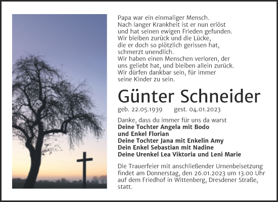 Traueranzeige von Günter Schneider von Trauerkombi Wittenberg