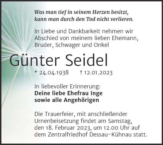 Traueranzeige von Günter Seidel von Trauerkombi Dessau