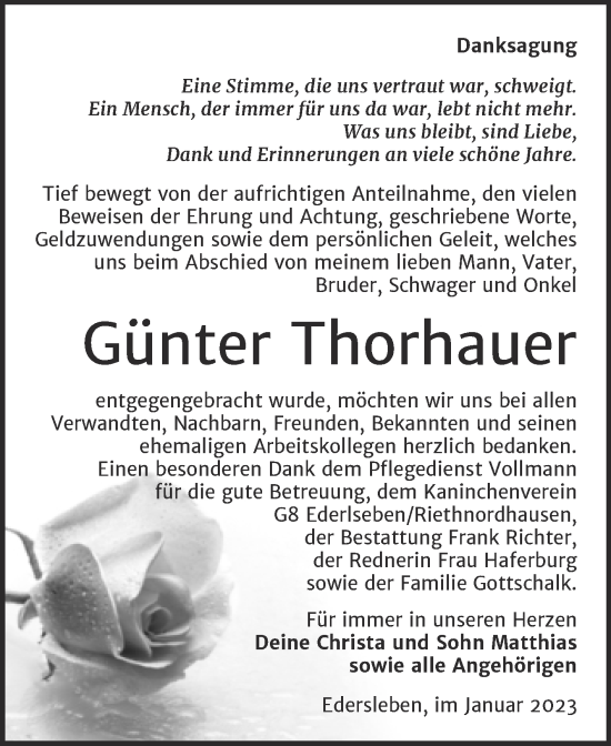 Traueranzeige von Günter Thorhauer von Trauerkombi Sangerhausen