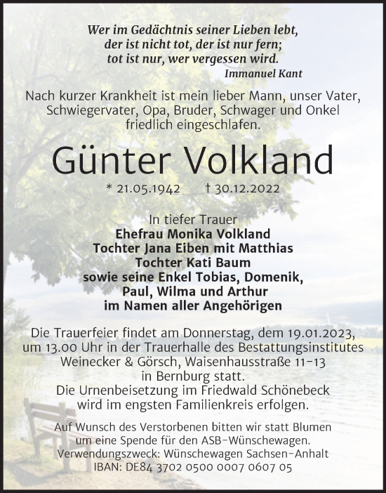 Traueranzeige von Günter Volkland von Trauerkombi Bernburg