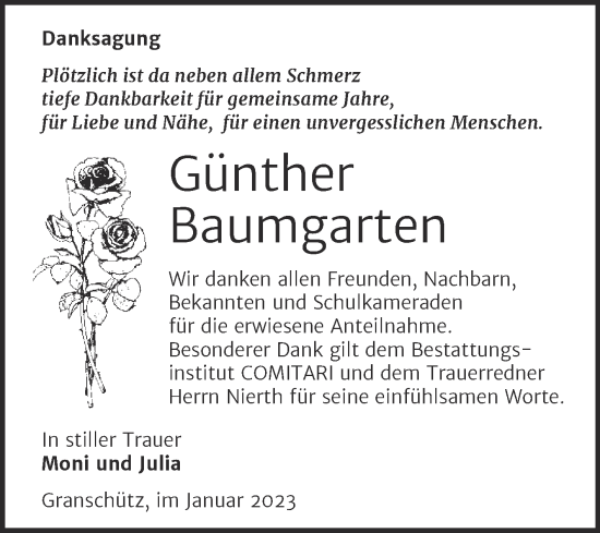 Traueranzeige von Günther Baumgarten von Trauerkombi Weißenfels