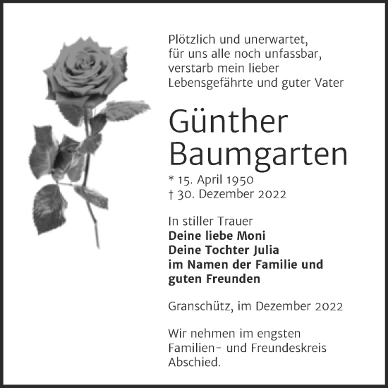 Traueranzeige von Günther Baumgarten von Trauerkombi Weißenfels