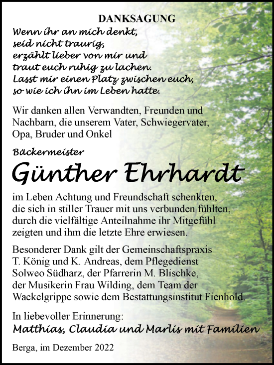 Traueranzeige von Günther Ehrhardt von Trauerkombi Sangerhausen
