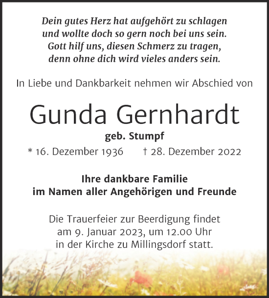Traueranzeige von Gunda Gernhardt von Wochenspiegel Naumburg/Nebra