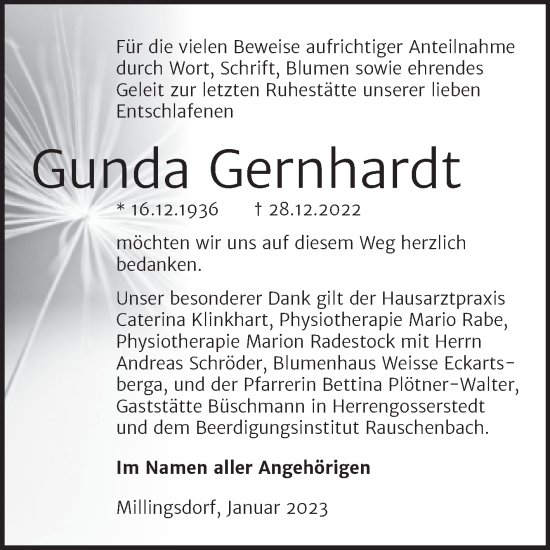Traueranzeige von Gunda Gernhardt von Wochenspiegel Naumburg/Nebra