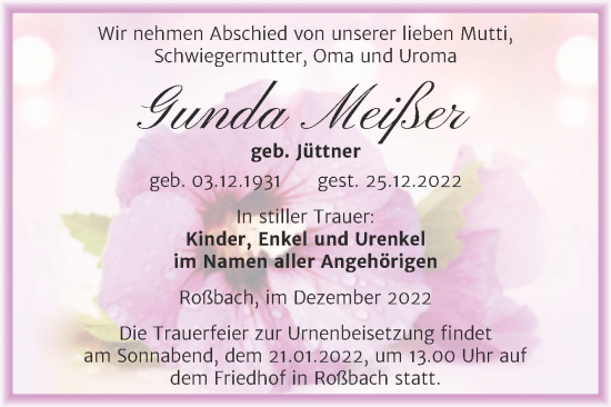 Traueranzeige von Gunda Meißer von Trauerkombi Merseburg