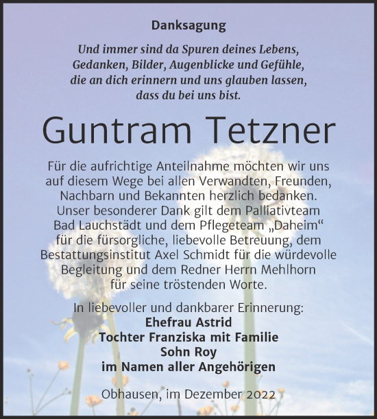 Traueranzeige von Guntram Tetzner von Trauerkombi Merseburg