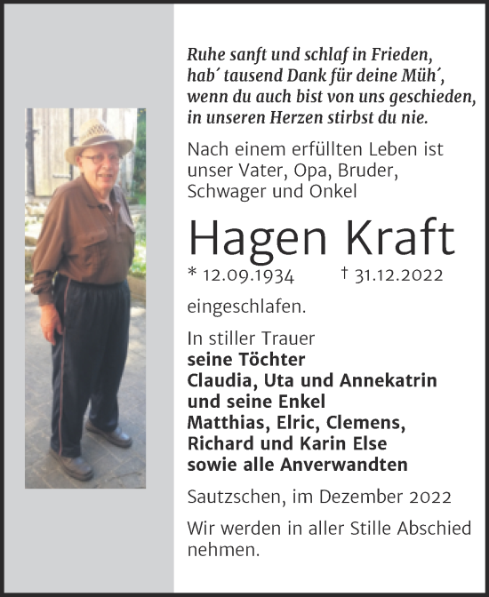 Traueranzeige von Hagen Kraft von Trauerkombi Zeitz