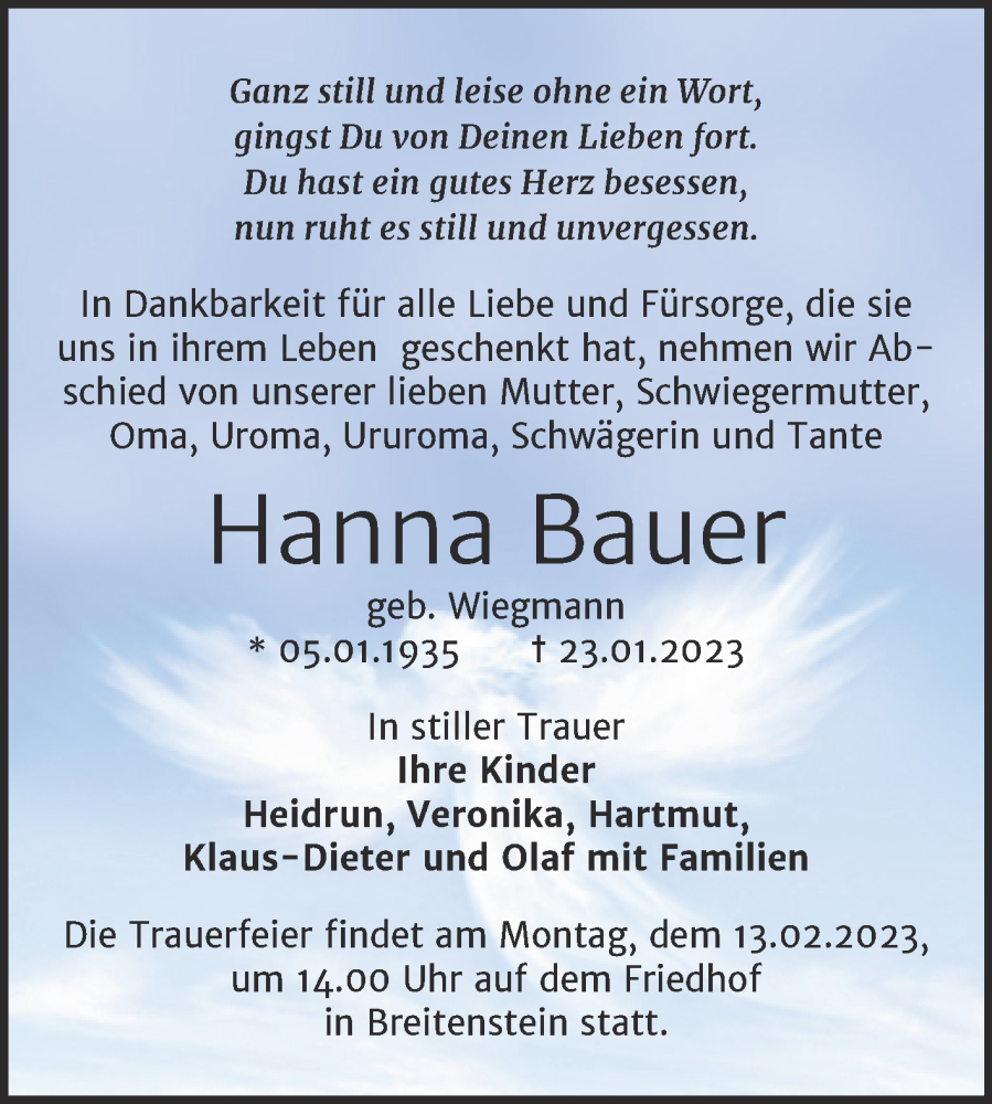  Traueranzeige für Hanna Bauer vom 28.01.2023 aus Trauerkombi Sangerhausen