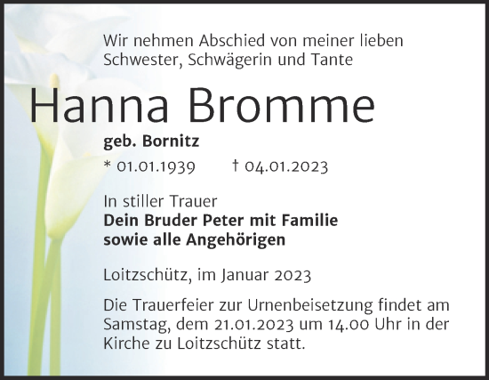 Traueranzeige von Hanna Bromme von Trauerkombi Zeitz