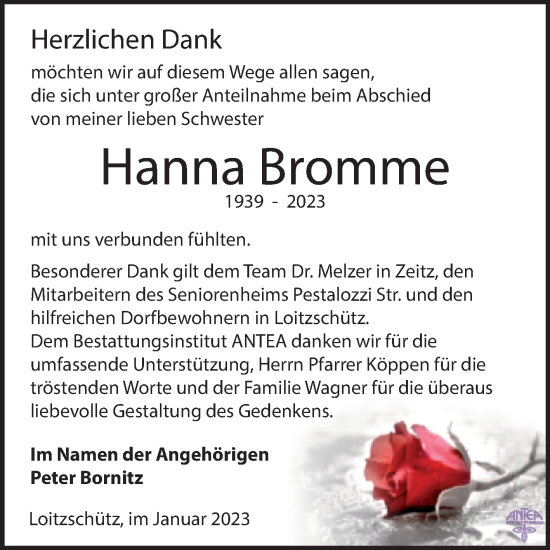 Traueranzeige von Hanna Bromme von Trauerkombi Zeitz