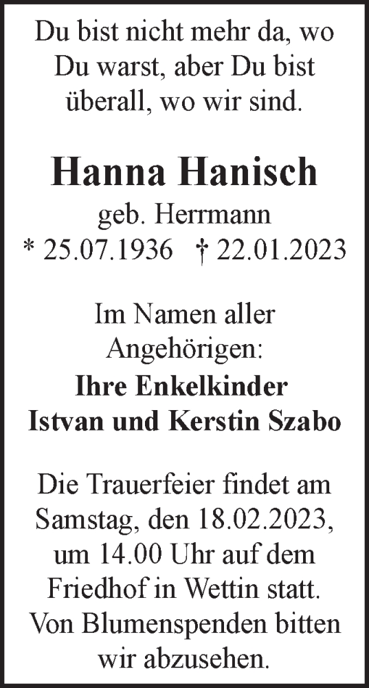  Traueranzeige für Hanna Hanisch vom 28.01.2023 aus Mitteldeutsche Zeitung Halle/Saalkreis