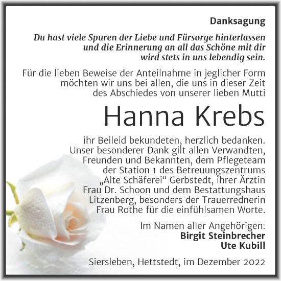 Traueranzeige von Hanna Krebs von Trauerkombi Mansfelder Land