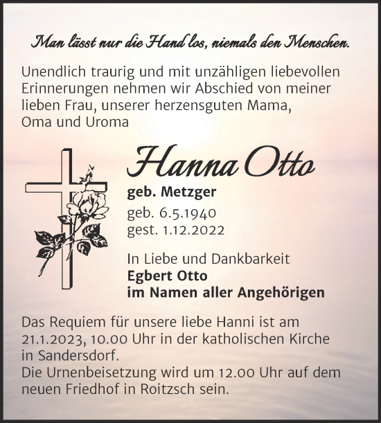 Traueranzeige von Hanna Otto von Trauerkombi Bitterfeld