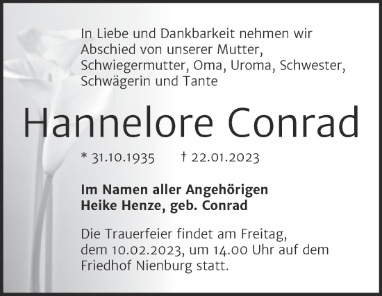 Traueranzeige von Hannelore Conrad von Trauerkombi Bernburg