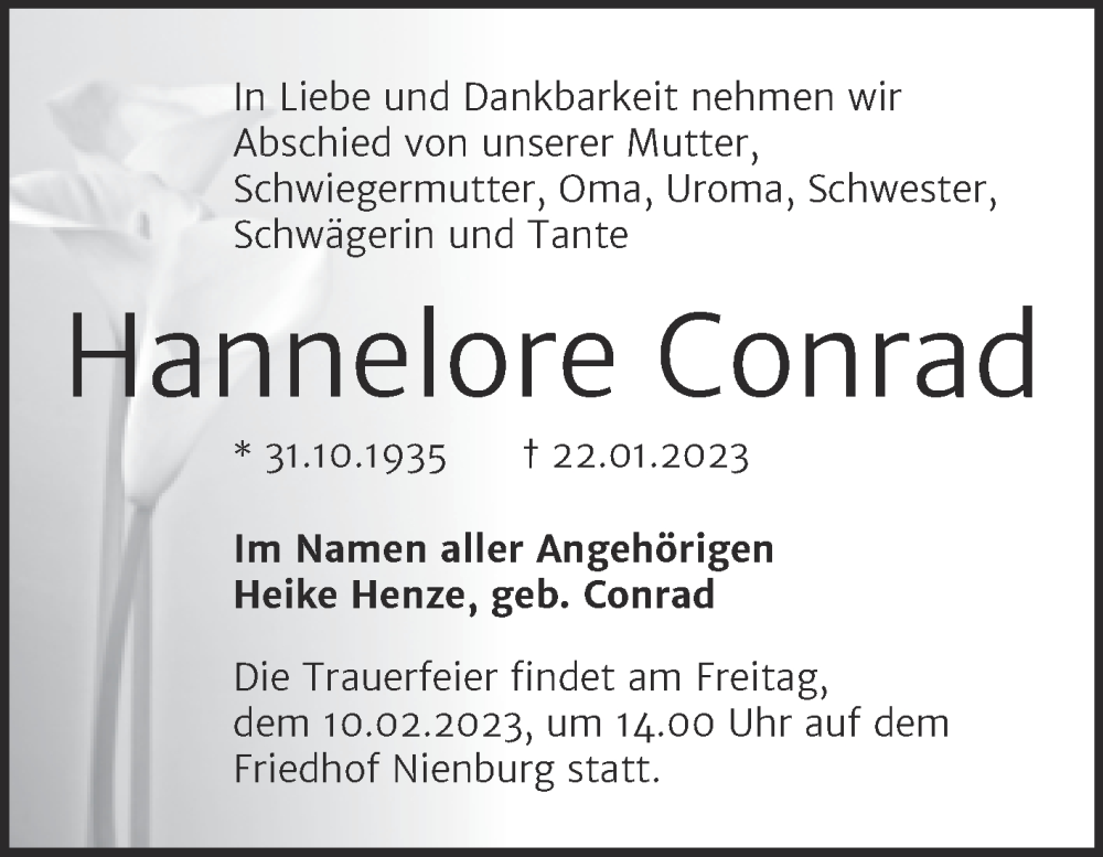  Traueranzeige für Hannelore Conrad vom 28.01.2023 aus Trauerkombi Bernburg