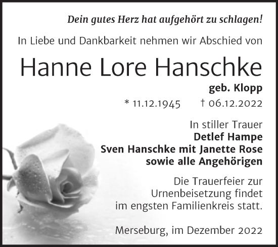 Traueranzeige von Hanne Lore Hanschke von Mitteldeutsche Zeitung Bernburg