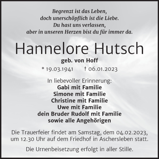 Traueranzeige von Hannelore Hutsch von Trauerkombi Aschersleben