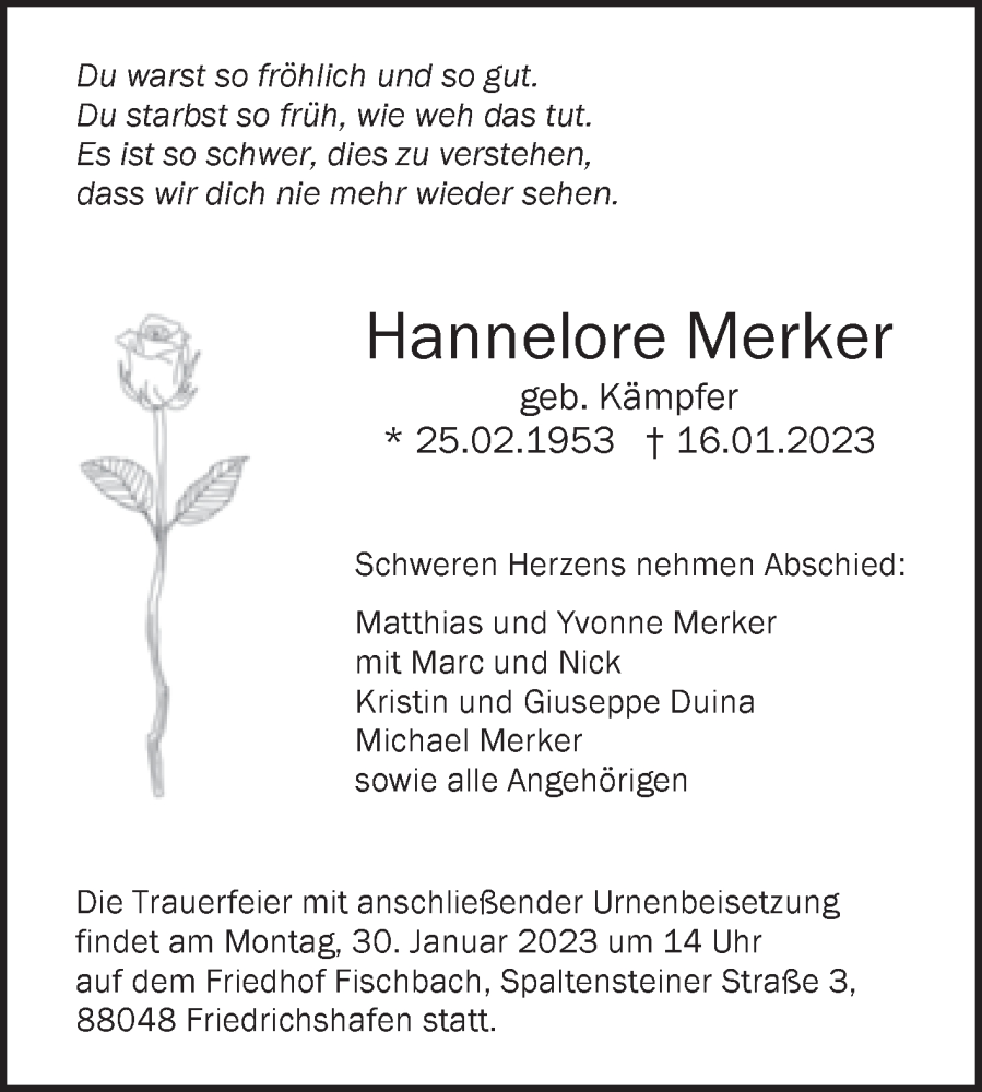  Traueranzeige für Hannelore Merker vom 28.01.2023 aus Mitteldeutsche Zeitung