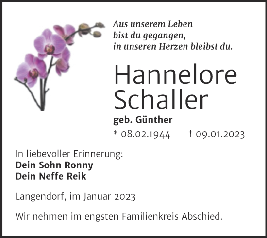 Traueranzeige von Hannelore Schaller von Trauerkombi Weißenfels