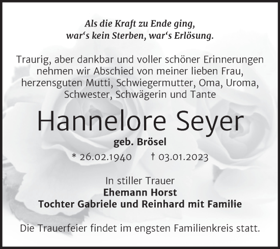 Traueranzeige von Hannelore Seyer von Trauerkombi Bernburg