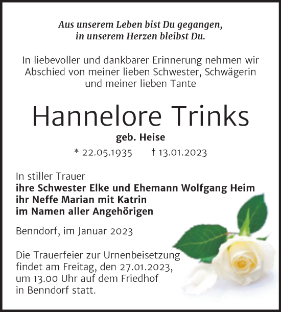 Traueranzeige von Hannelore Trinks von Trauerkombi Mansfelder Land