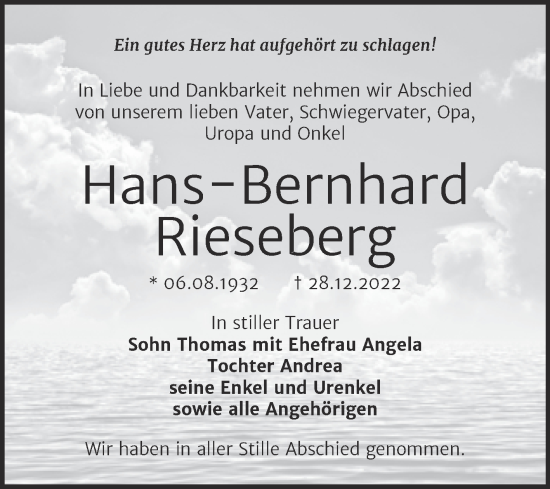 Traueranzeige von Hans-Bernhard Rieseberg von Trauerkombi Zeitz