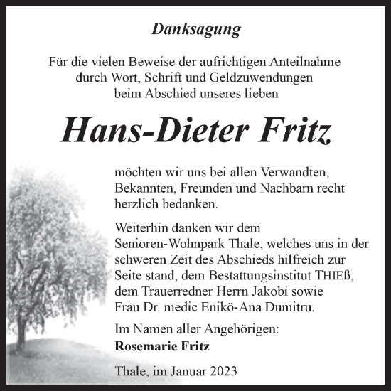 Traueranzeige von Hans-Dieter Fritz von Trauerkombi Quedlinburg