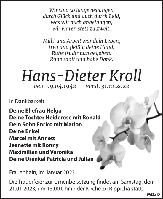 Traueranzeige von Hans-Dieter Kroll von Trauerkombi Zeitz