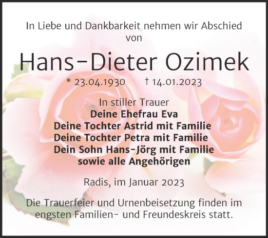 Traueranzeige von Hans-Dieter Ozimek von Trauerkombi Wittenberg