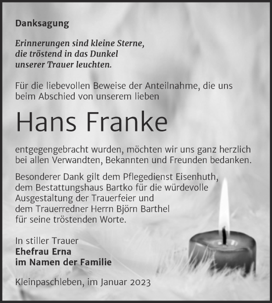 Traueranzeige von Hans Franke von Trauerkombi Köthen