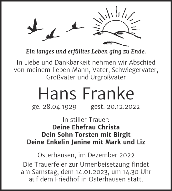 Traueranzeige von Hans Franke von Trauerkombi Mansfelder Land