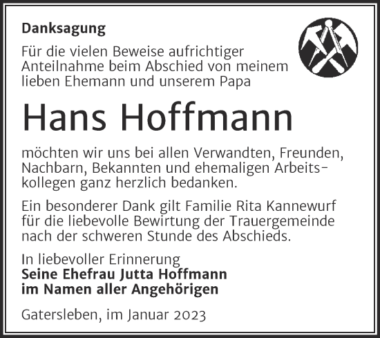 Traueranzeige von Hans Hoffmann von Trauerkombi Aschersleben