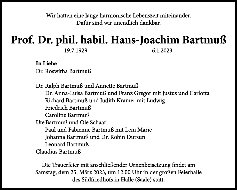  Traueranzeige für Prof. Dr. phil. habil. Hans-Joachim Bartmuß vom 14.01.2023 aus Mitteldeutsche Zeitung Halle/Saalkreis