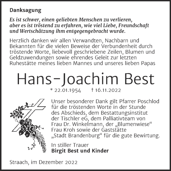 Traueranzeige von Hans-Joachim Best von Trauerkombi Wittenberg