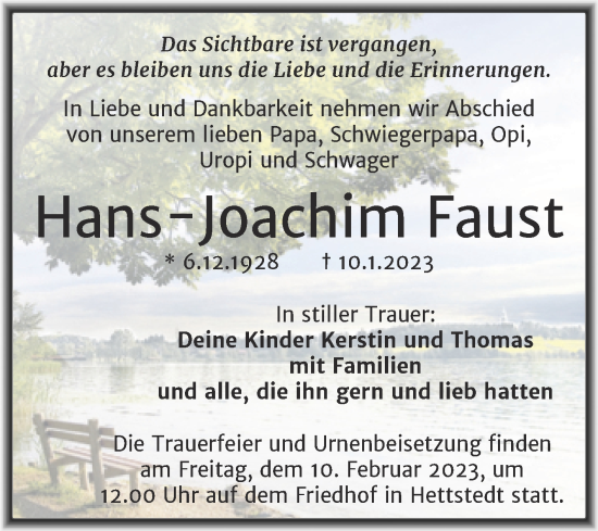 Traueranzeige von Hans-Joachim Faust von Trauerkombi Mansfelder Land