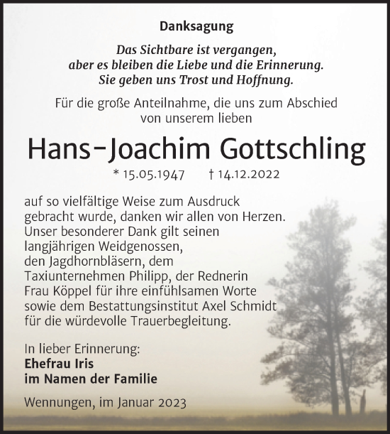 Traueranzeige von Hans-Joachim Gottschling von Wochenspiegel Naumburg/Nebra