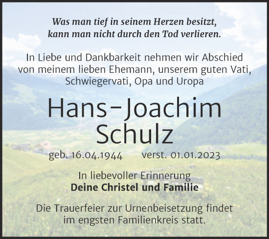 Traueranzeige von Hans-Joachim Schulz von Trauerkombi Weißenfels