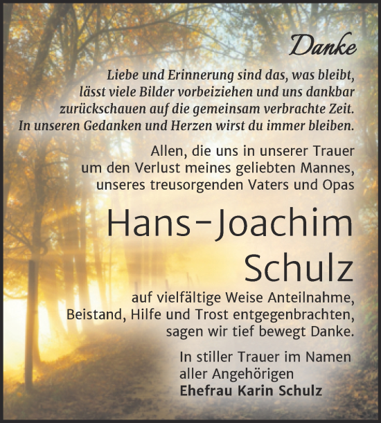 Traueranzeige von Hans-Joachim Schulz von Trauerkombi Wittenberg