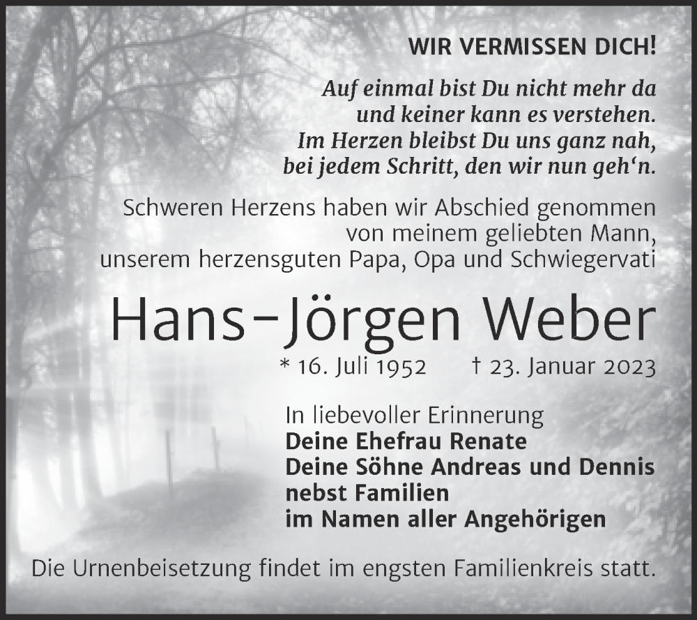  Traueranzeige für Hans-Jörgen Weber vom 28.01.2023 aus Trauerkombi Merseburg