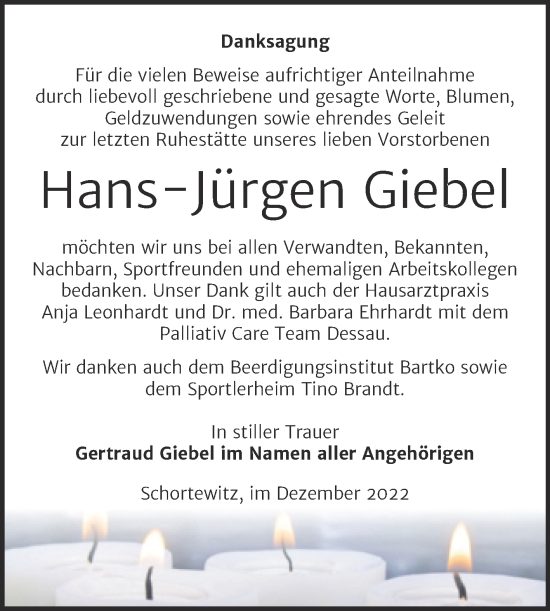 Traueranzeige von Hans-Jürgen Giebel von Trauerkombi Köthen