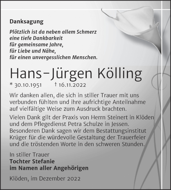 Traueranzeige von Hans-Jürgen Kölling von Trauerkombi Wittenberg