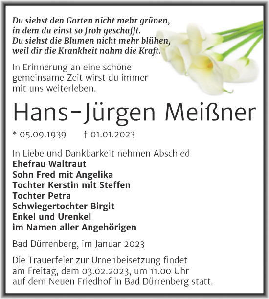 Traueranzeige von Hans-Jürgen Meißner von Trauerkombi Merseburg