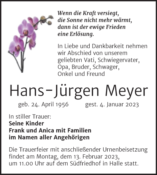 Traueranzeige von Hans-Jürgen Meyer von Mitteldeutsche Zeitung Halle/Saalkreis