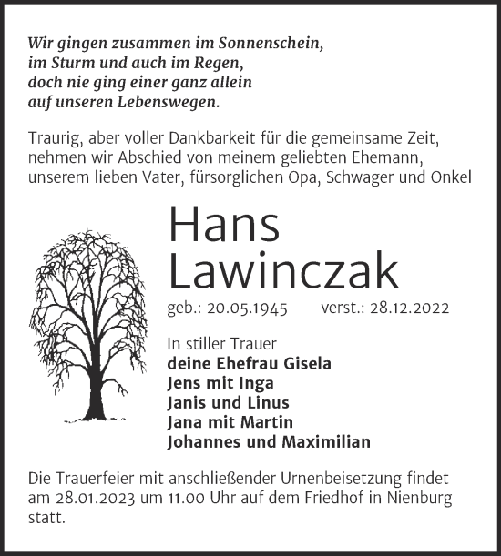 Traueranzeige von Hans Lawinczak von Trauerkombi Bernburg