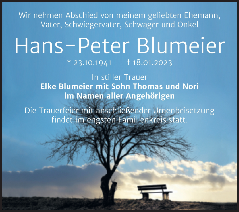  Traueranzeige für Hans-Peter Blumeier vom 28.01.2023 aus Mitteldeutsche Zeitung Halle/Saalkreis