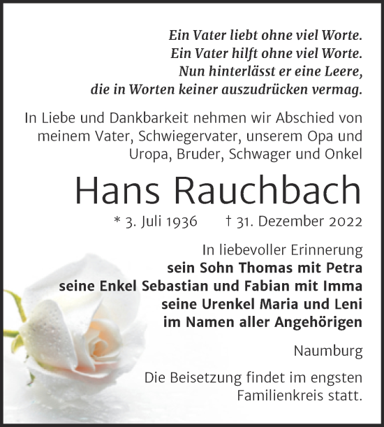 Traueranzeige von Hans Rauchbach von Wochenspiegel Naumburg/Nebra