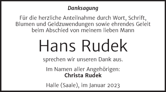 Traueranzeige von Hans Rudek von Mitteldeutsche Zeitung Halle/Saalkreis